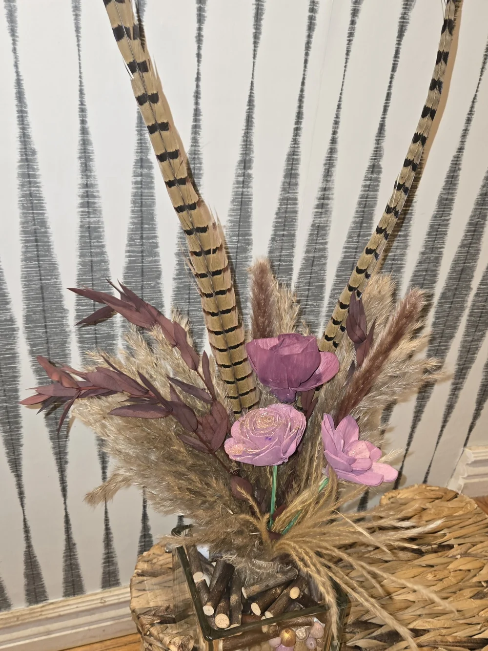 Dusty Mauve Pink Sola Wood Flower Pampas Grass Pheasant Feather Boho Bouquet